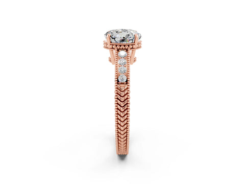 Rose gold Round Cut Moissanite Ring with Milgrain Pavé Band and Four-Prong Setting_14