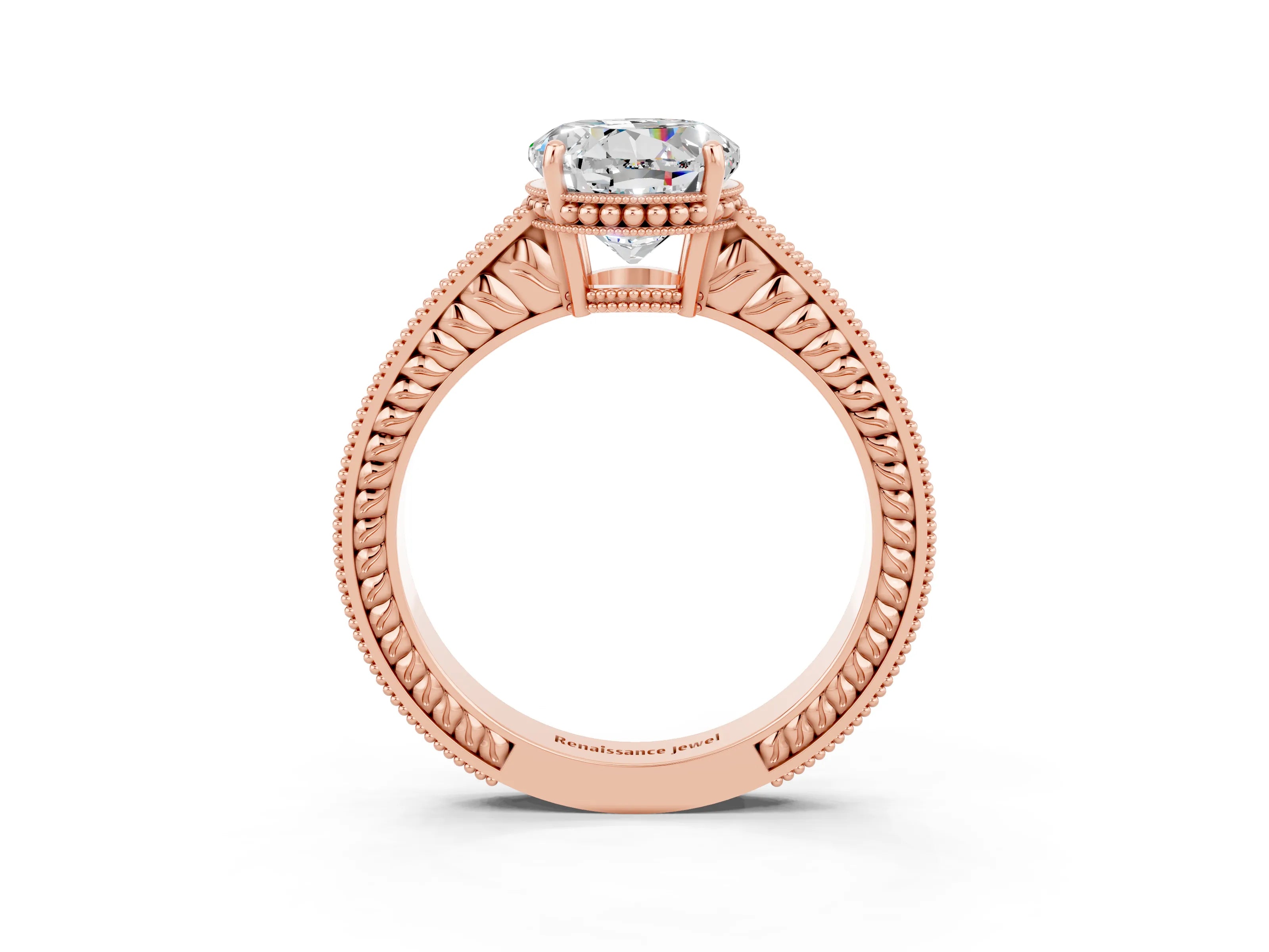 Rose gold Round Cut Moissanite Ring with Milgrain Pavé Band and Four-Prong Setting_15