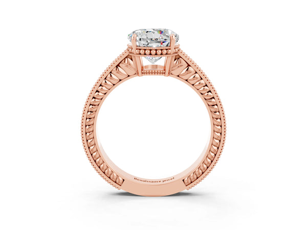 Rose gold Round Cut Moissanite Ring with Milgrain Pavé Band and Four-Prong Setting