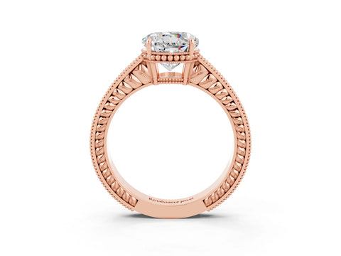 Rose gold Round Cut Moissanite Ring with Milgrain Pavé Band and Four-Prong Setting_15