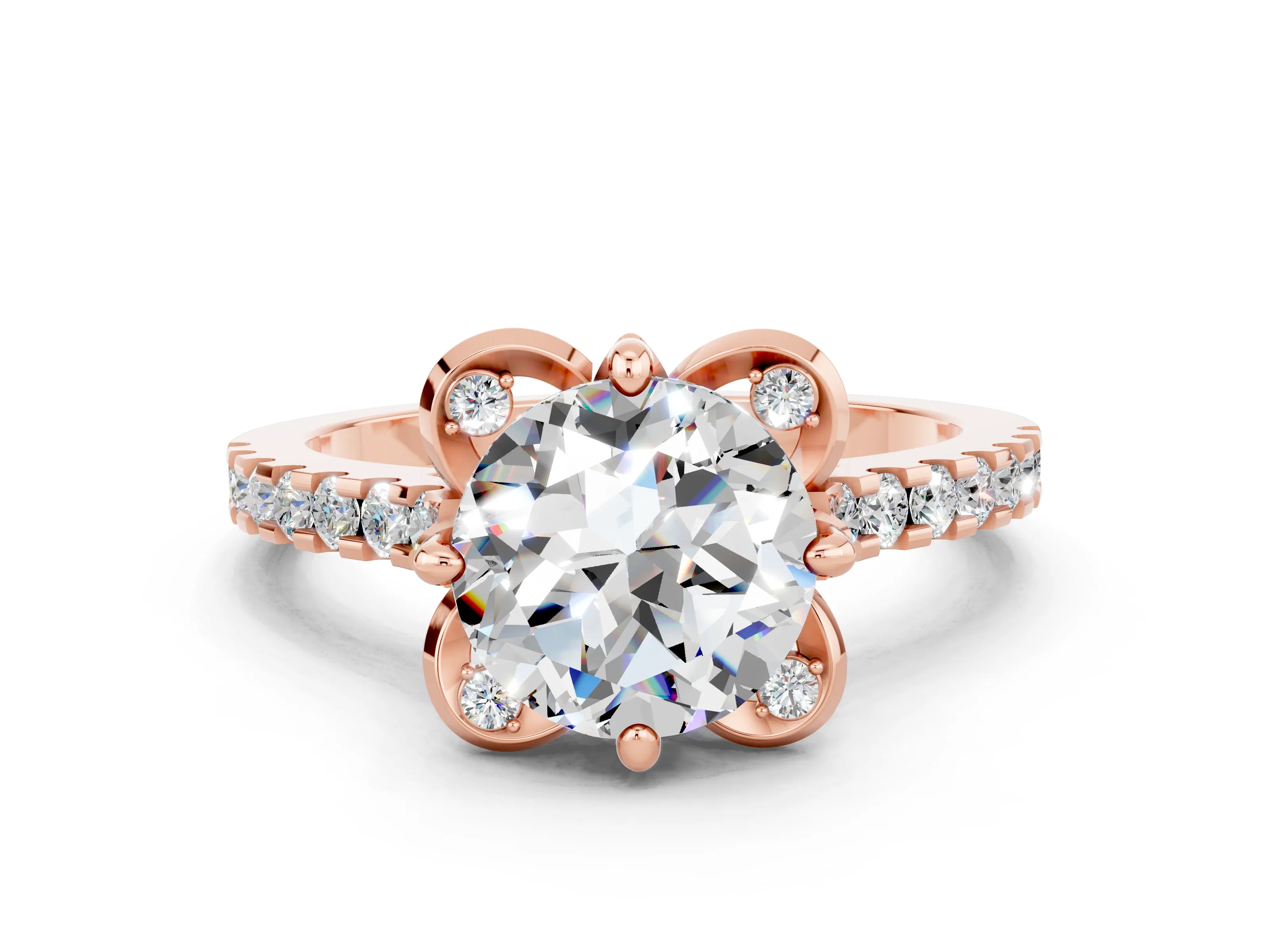 Rose gold Round Cut Moissanite Ring with Pavé Band and Floral Prong Setting