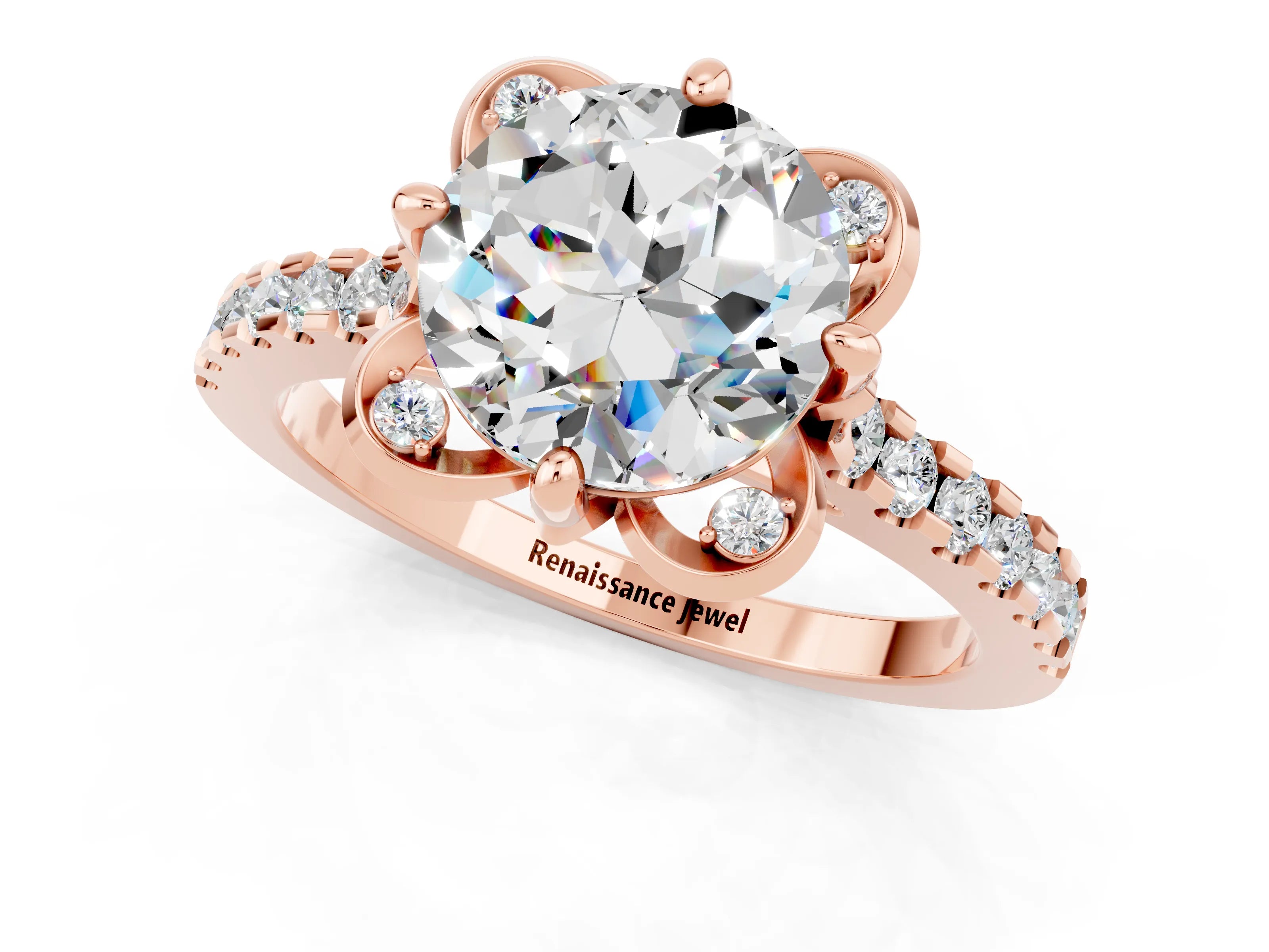 Rose gold Round Cut Moissanite Ring with Pavé Band and Floral Prong Setting_1
