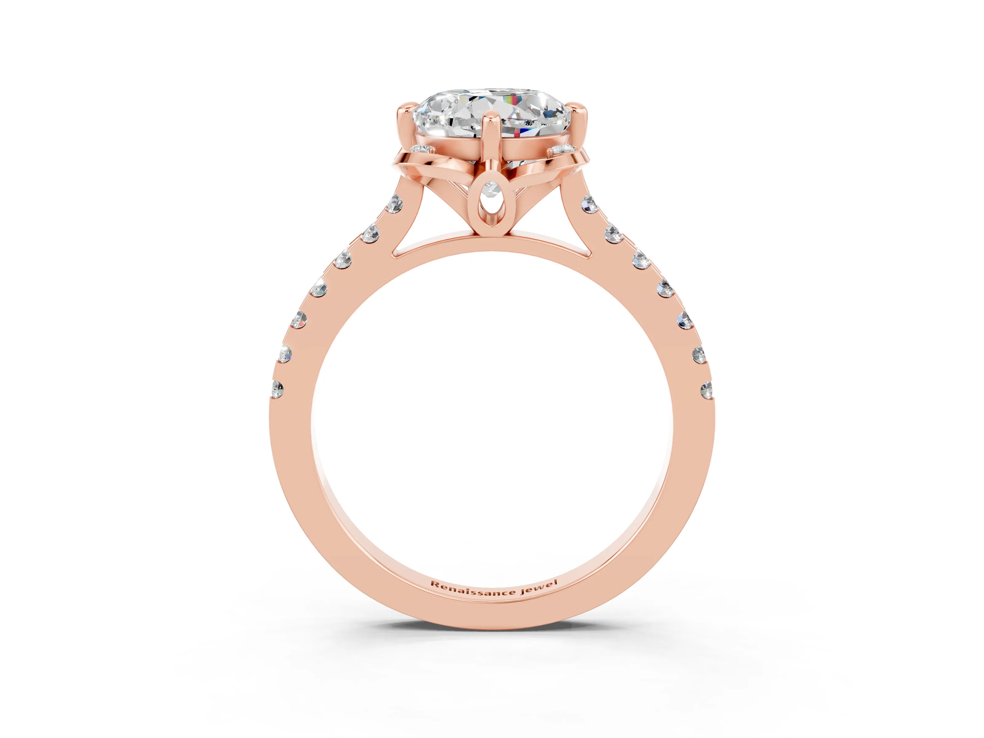 Rose gold Round Cut Moissanite Ring with Pavé Band and Floral Prong Setting_3