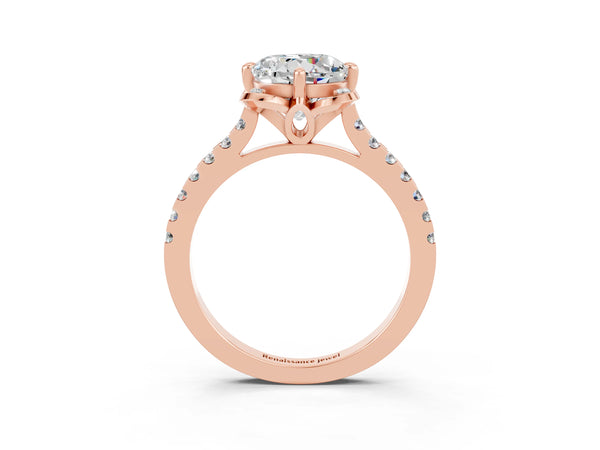 Rose gold Round Cut Moissanite Ring with Pavé Band and Floral Prong Setting