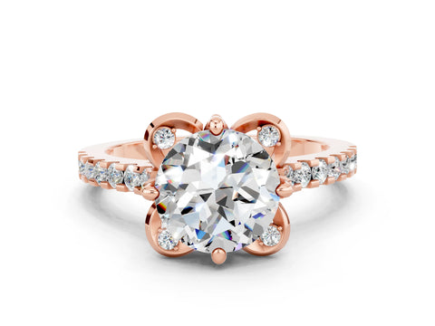 Rose gold Round Cut Moissanite Ring with Pavé Band and Floral Prong Setting