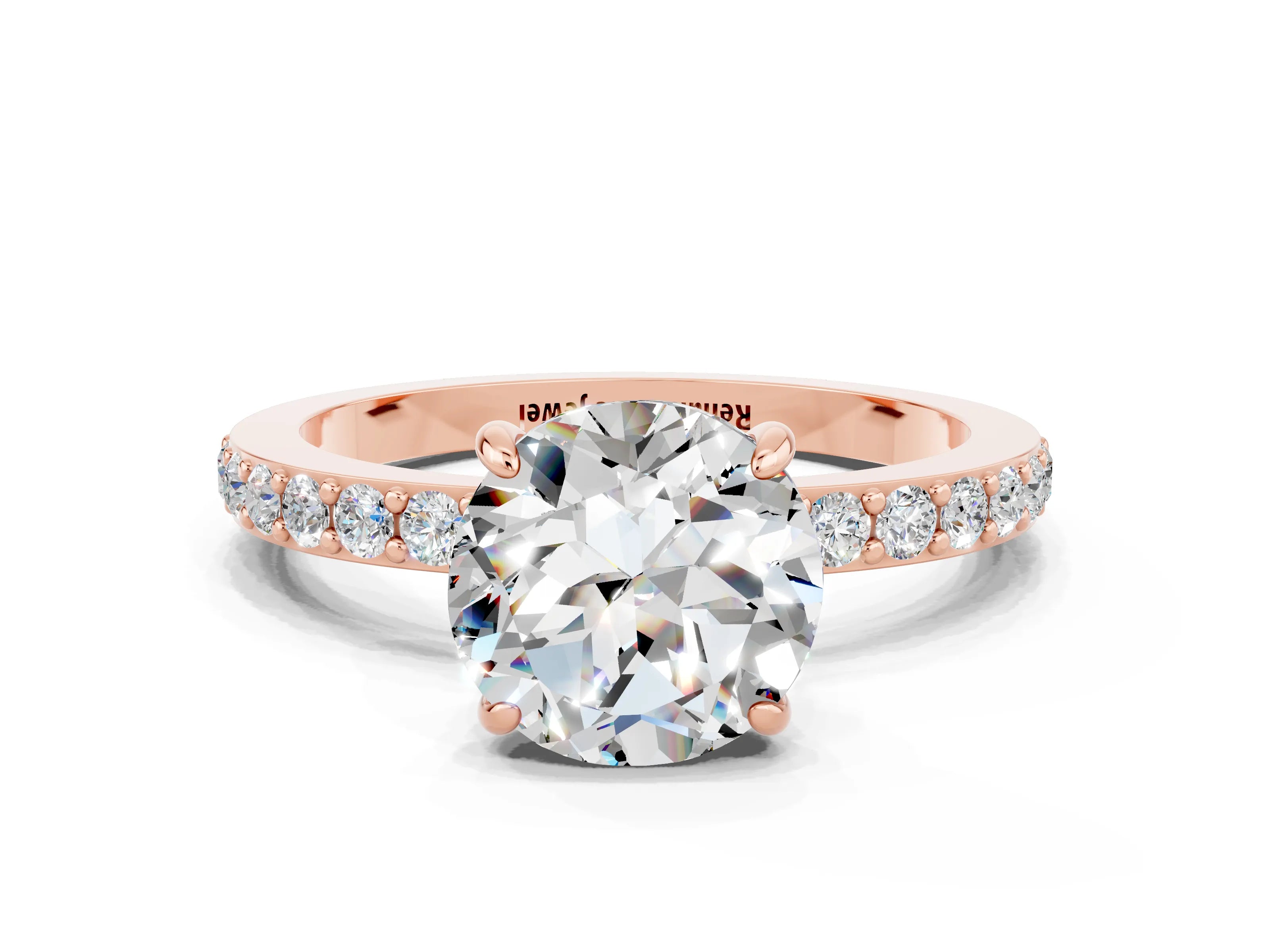 Rose gold Round Cut Moissanite Ring with Pavé Band and Four-Prong Setting