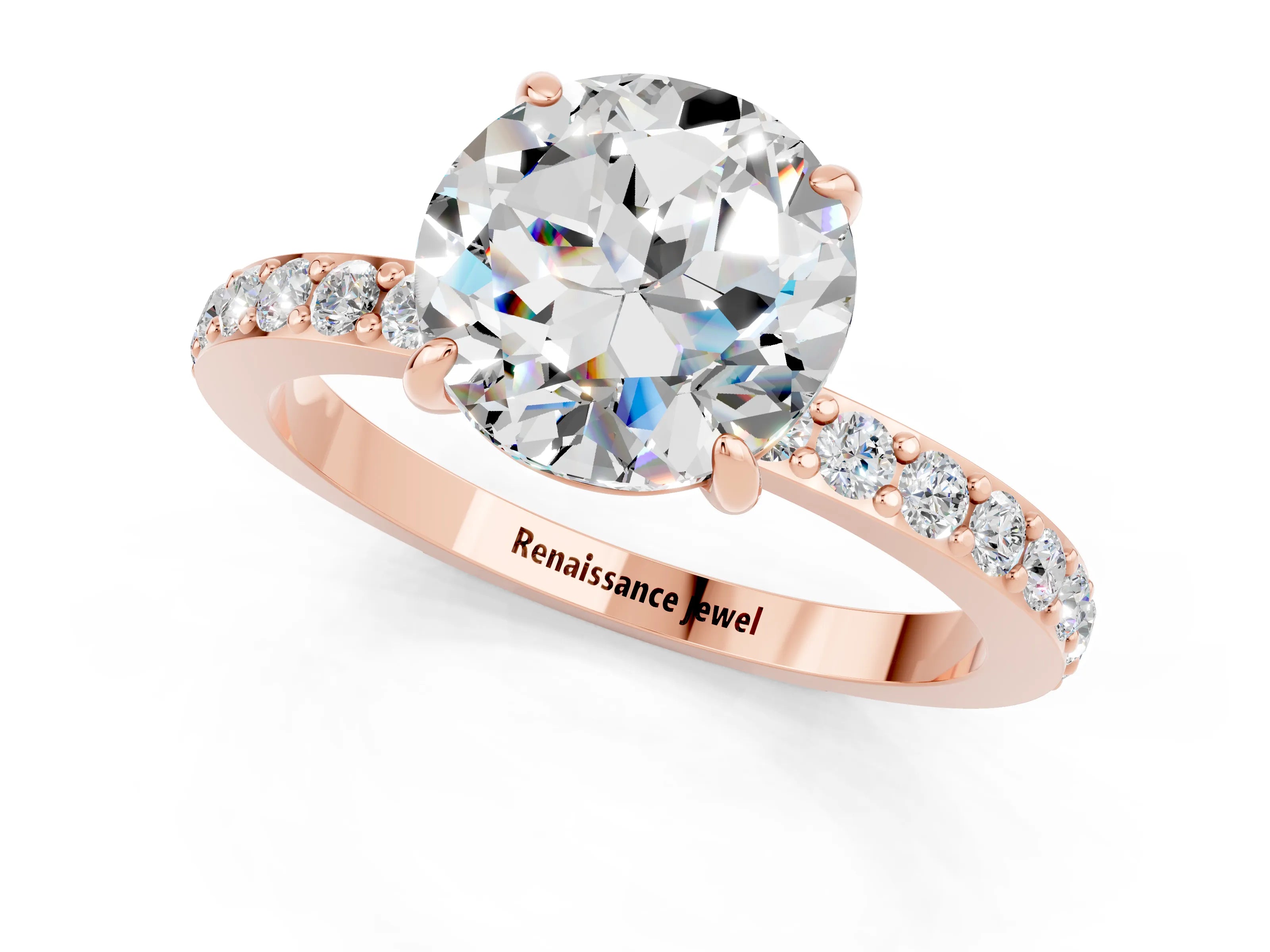 Rose gold Round Cut Moissanite Ring with Pavé Band and Four-Prong Setting_1