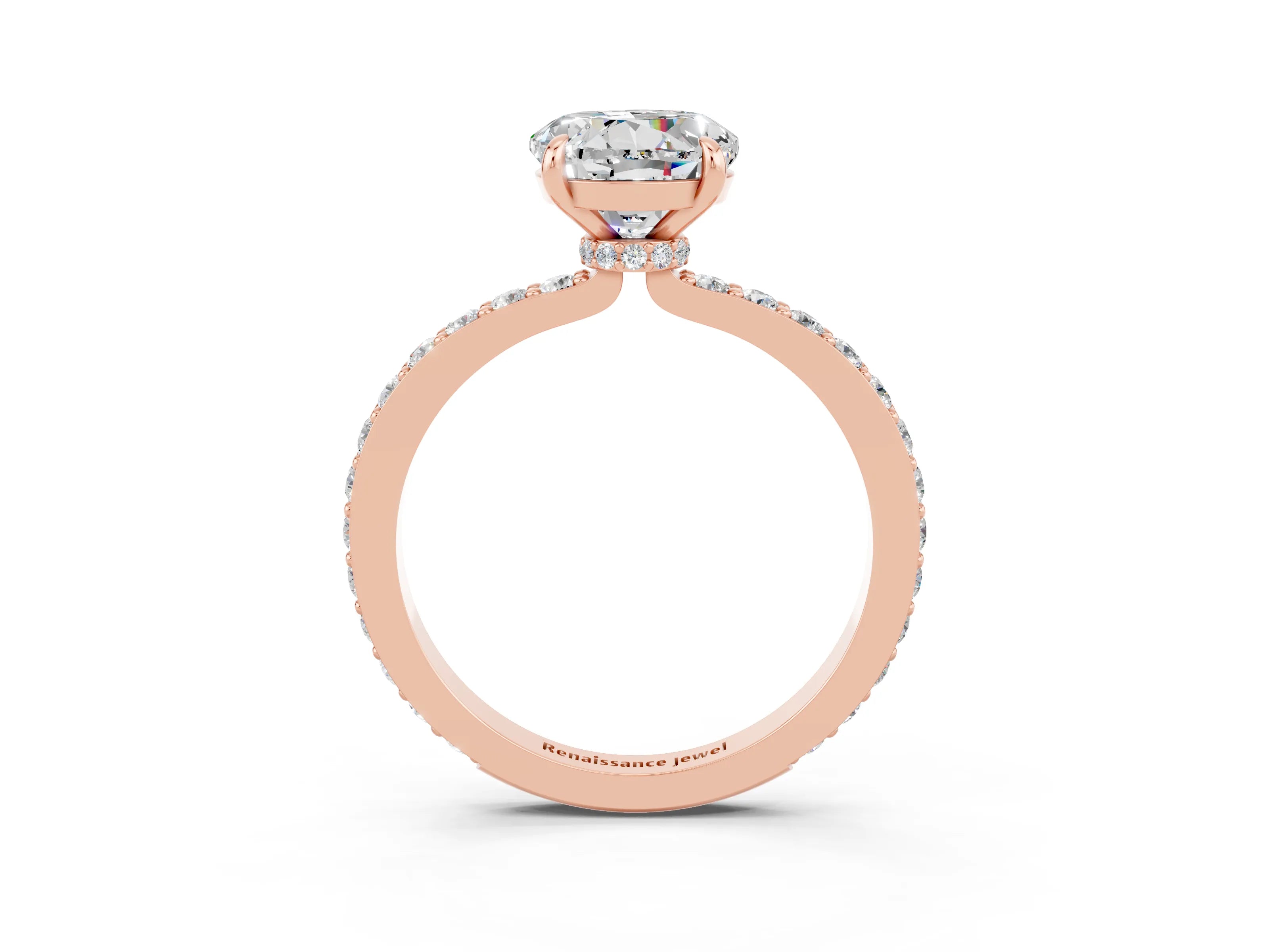 Rose gold Round Cut Moissanite Ring with Pavé Band and Four-Prong Setting_3