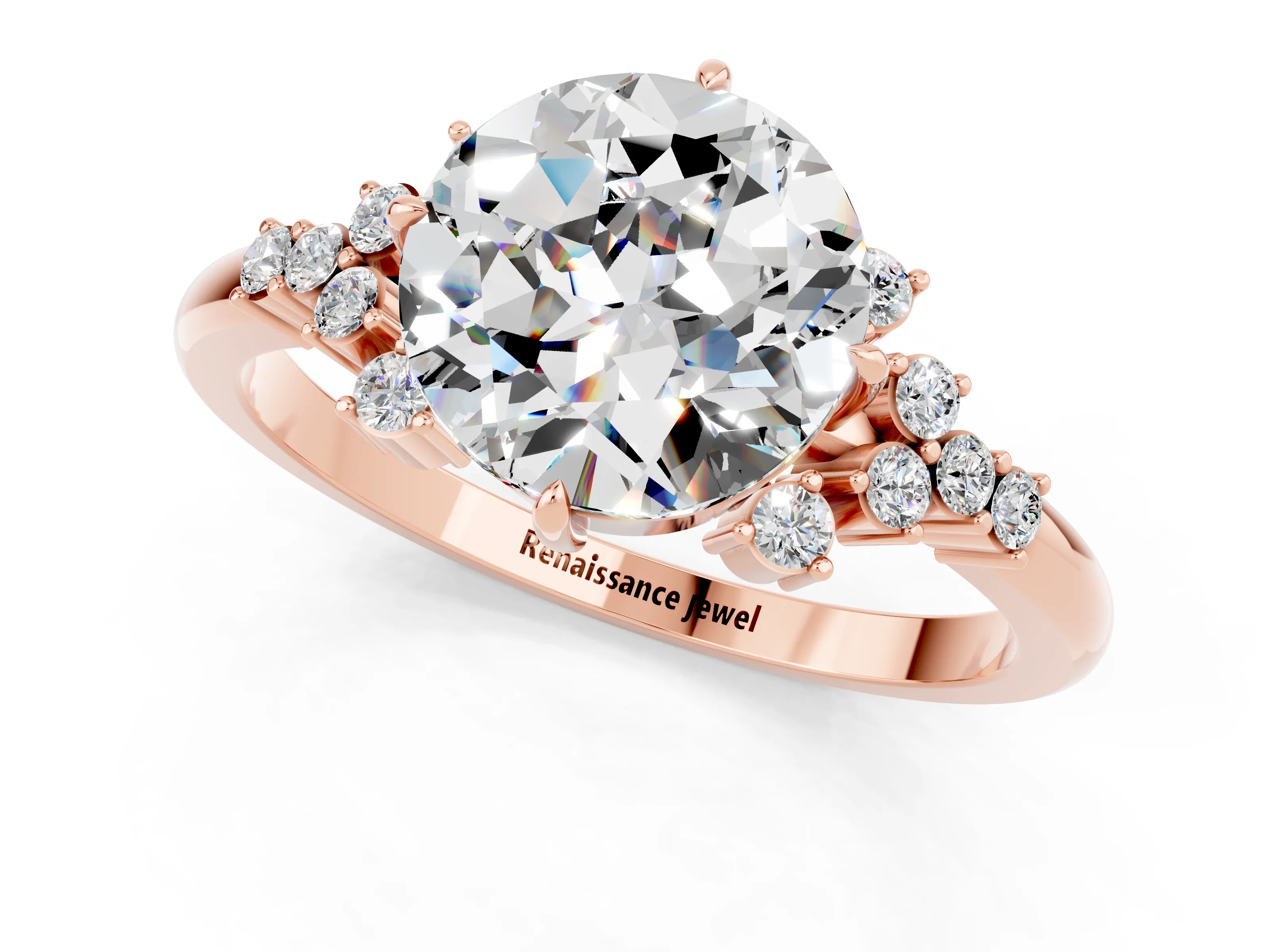 Rose gold Round Cut Moissanite Ring with Side Stones and Four-Prong Setting_37