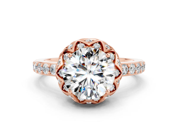 Rose gold Round Cut Moissanite Scalloped Halo Engagement Ring with Round Shared Prong Band