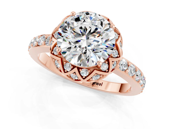 Rose gold Round Cut Moissanite Scalloped Halo Engagement Ring with Round Shared Prong Band