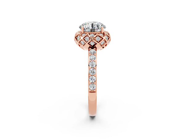 Rose gold Round Cut Moissanite Scalloped Halo Engagement Ring with Round Shared Prong Band