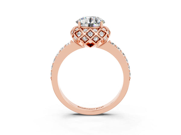 Rose gold Round Cut Moissanite Scalloped Halo Engagement Ring with Round Shared Prong Band