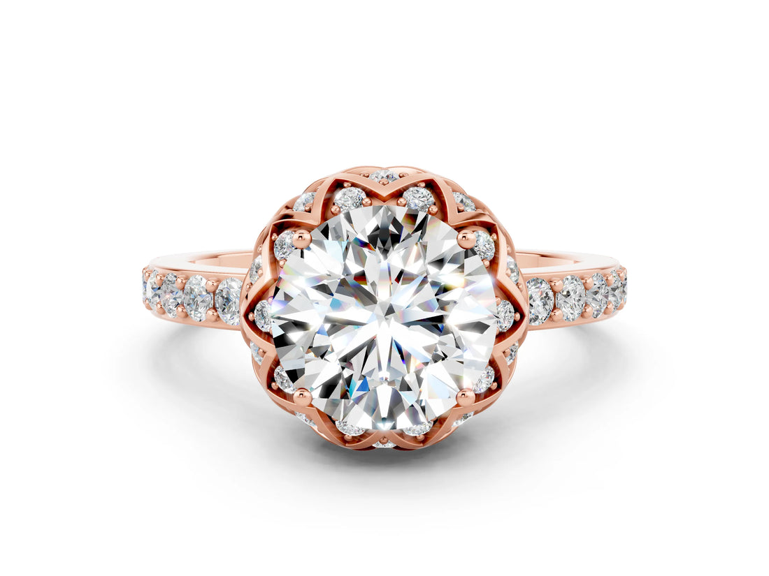 Rose gold Round Cut Moissanite Scalloped Halo Engagement Ring with Round Shared Prong Band_24