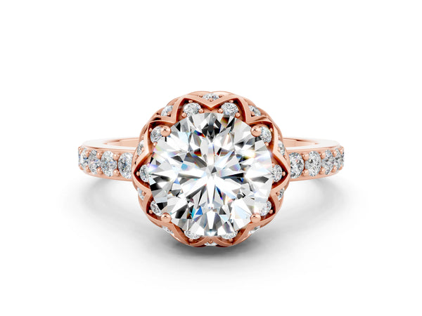 Rose gold Round Cut Moissanite Scalloped Halo Engagement Ring with Round Shared Prong Band