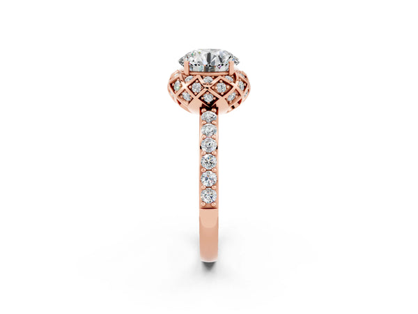 Rose gold Round Cut Moissanite Scalloped Halo Engagement Ring with Round Shared Prong Band