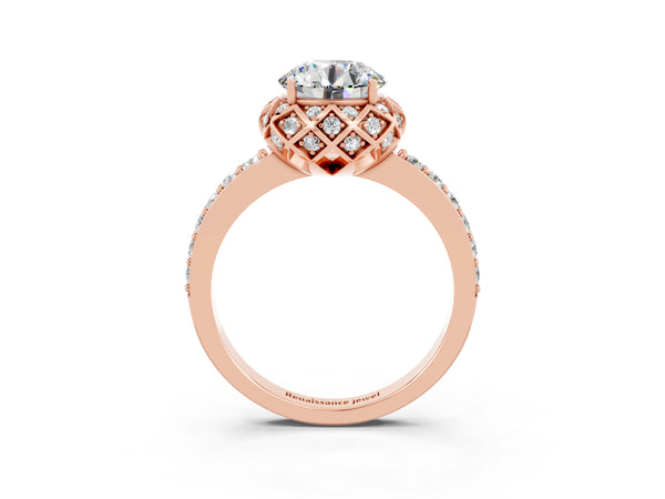 Rose gold Round Cut Moissanite Scalloped Halo Engagement Ring with Round Shared Prong Band