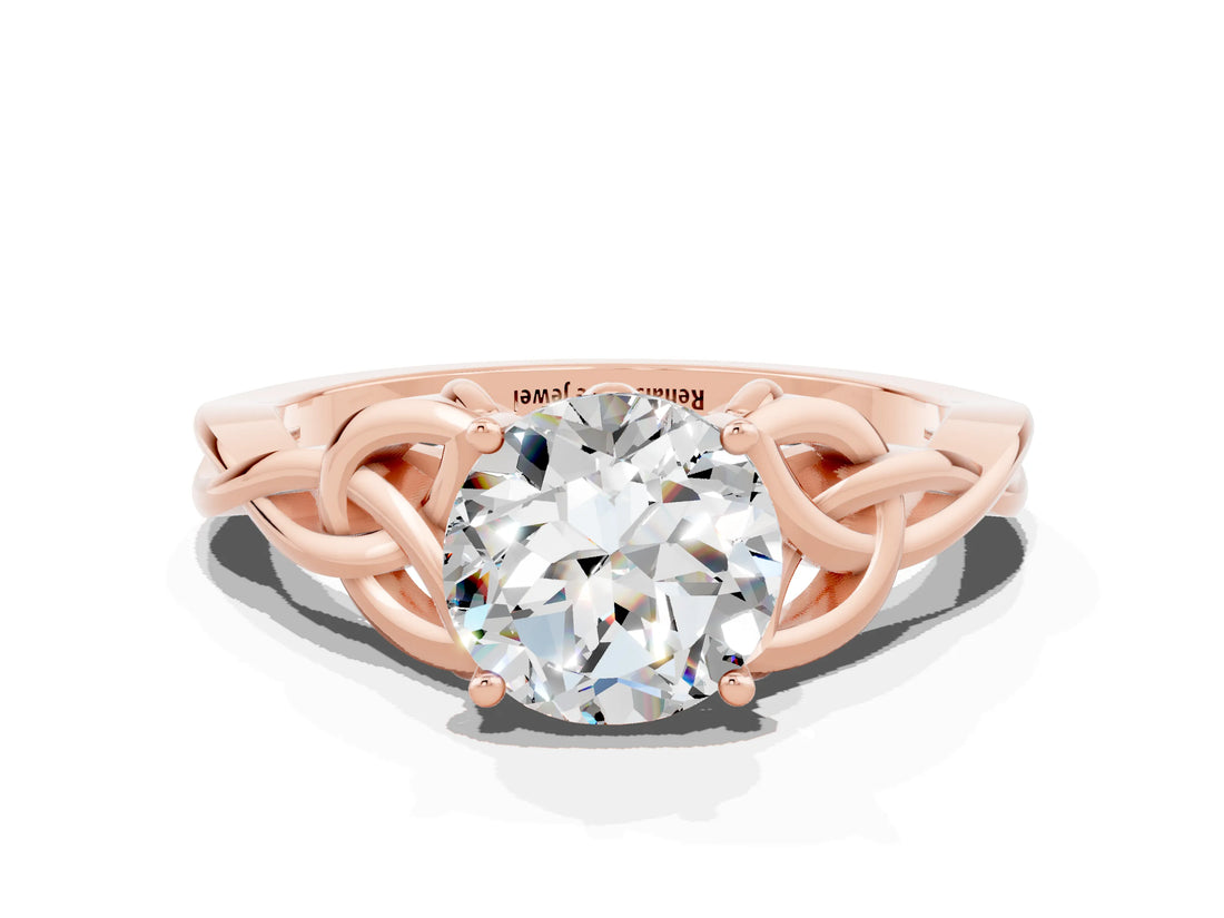Rose gold Round Cut Moissanite Solitaire Celtic Knot Ring with Four-Prong Setting_12