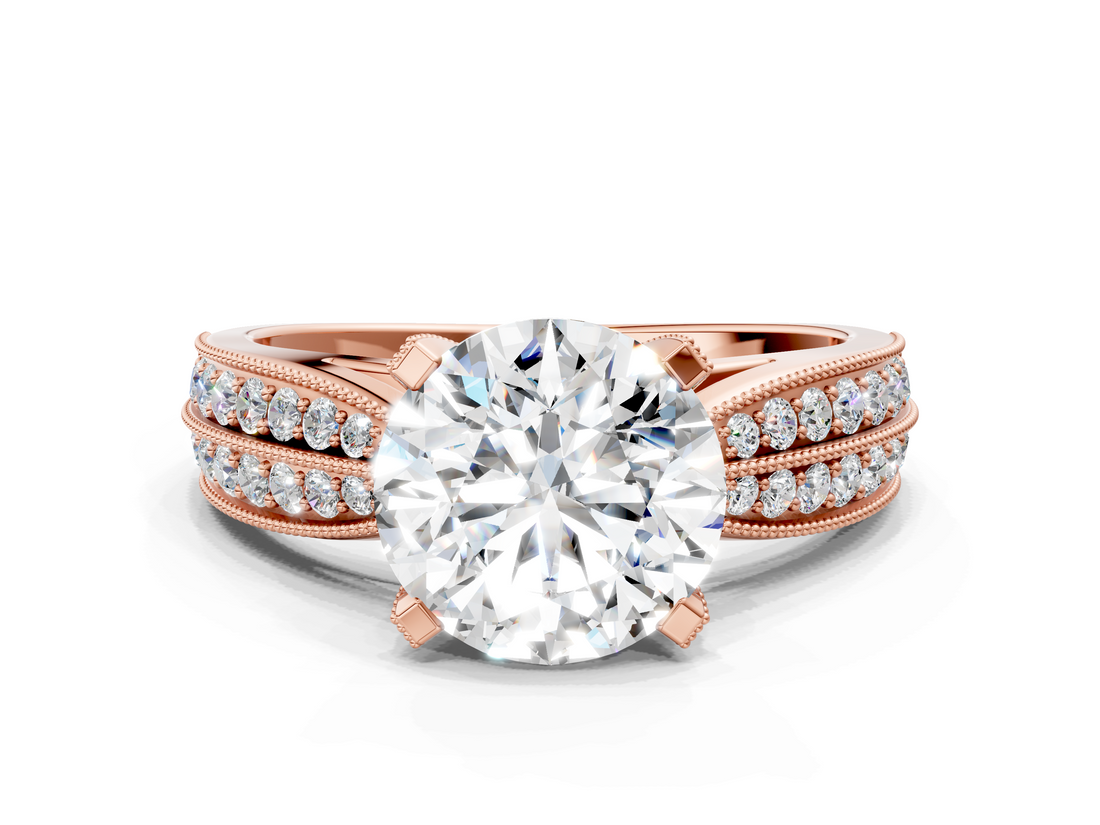 Rose gold Round Cut Moissanite   Solitaire Diamond Ring with Milgrain Pavé Band and Four-Prong Setting_35