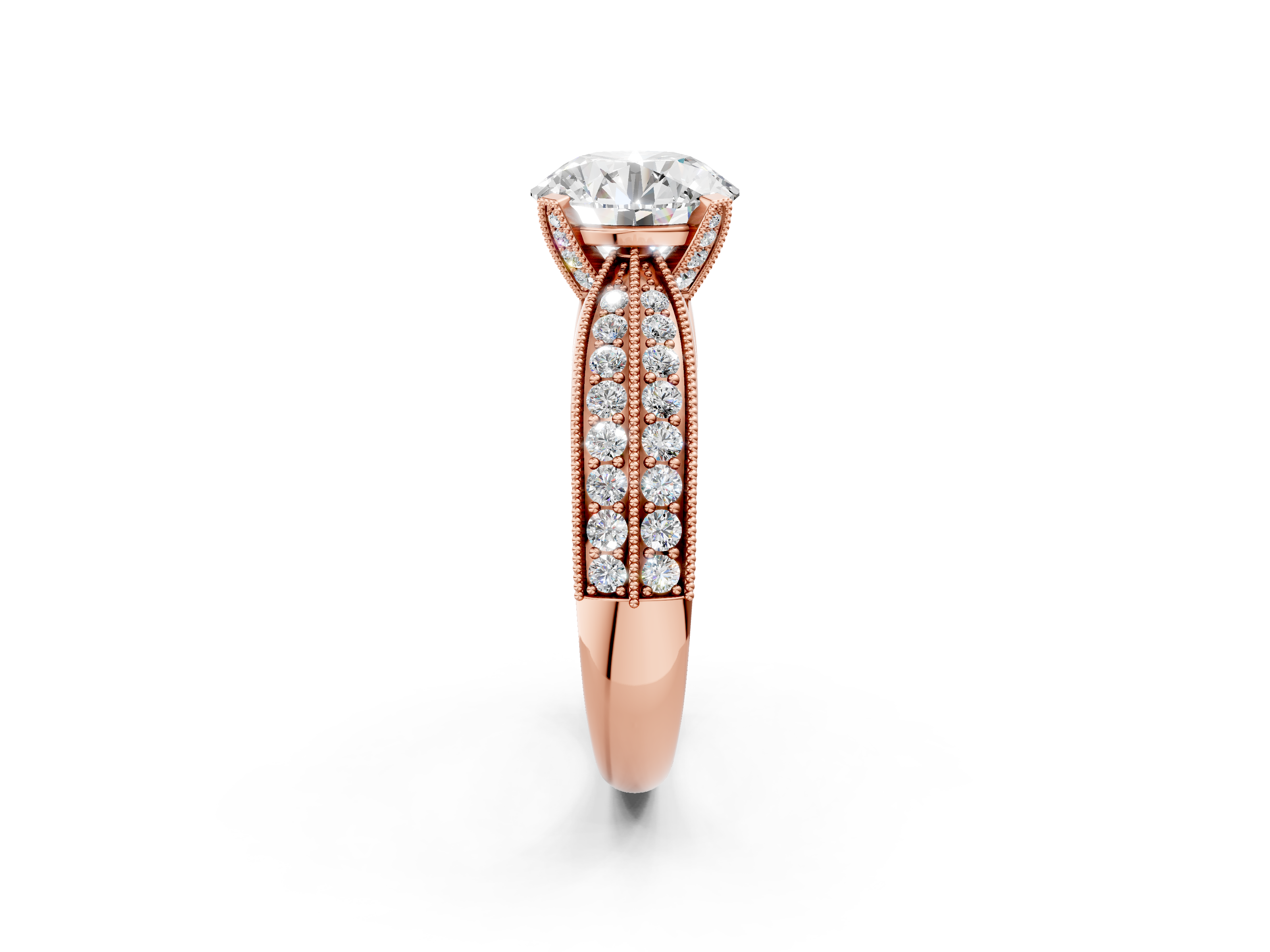Rose gold Round Cut Moissanite   Solitaire Diamond Ring with Milgrain Pavé Band and Four-Prong Setting_37