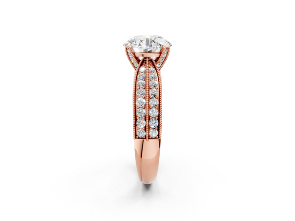 Rose gold Round Cut Moissanite   Solitaire Diamond Ring with Milgrain Pavé Band and Four-Prong Setting