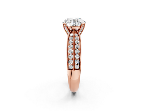 Rose gold Round Cut Moissanite   Solitaire Diamond Ring with Milgrain Pavé Band and Four-Prong Setting_37