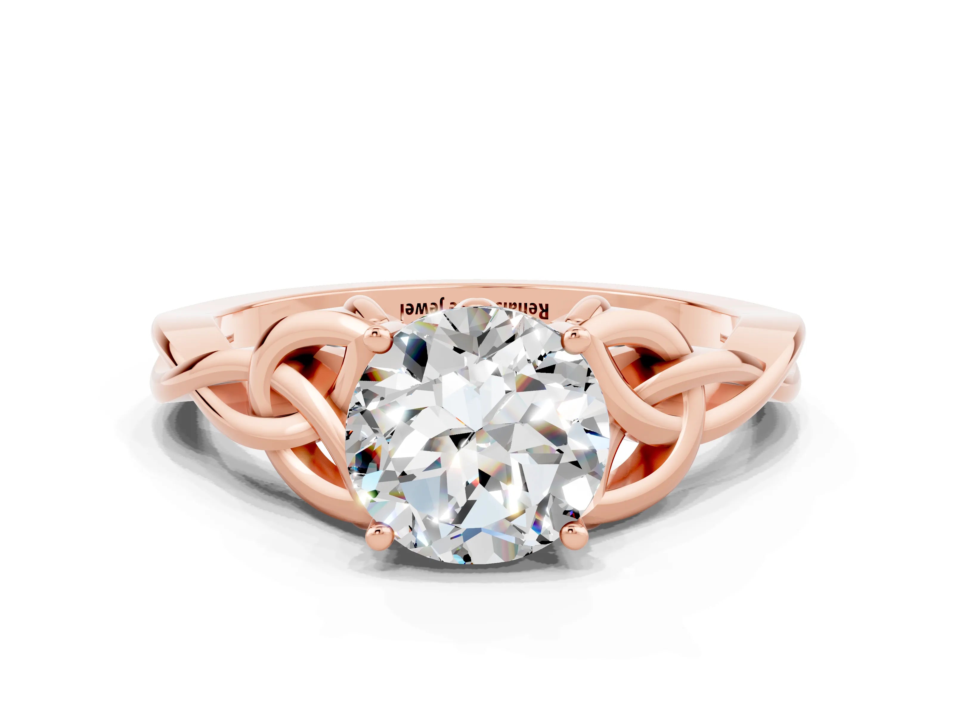 Rose gold Round Cut Moissanite Solitaire Engagement Ring with Celtic Knot Band and Four-Prong Setting