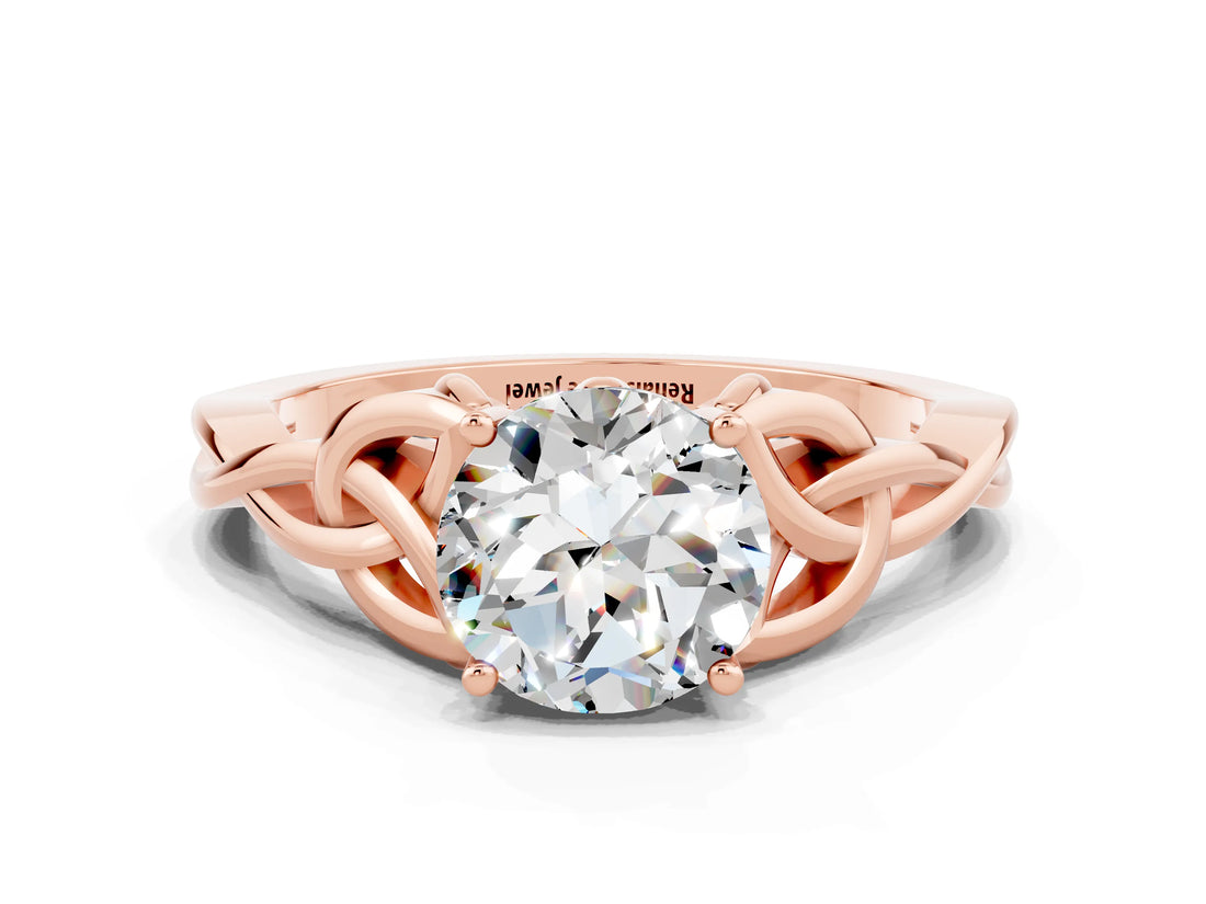 Rose gold Round Cut Moissanite Solitaire Engagement Ring with Celtic Knot Band and Four-Prong Setting
