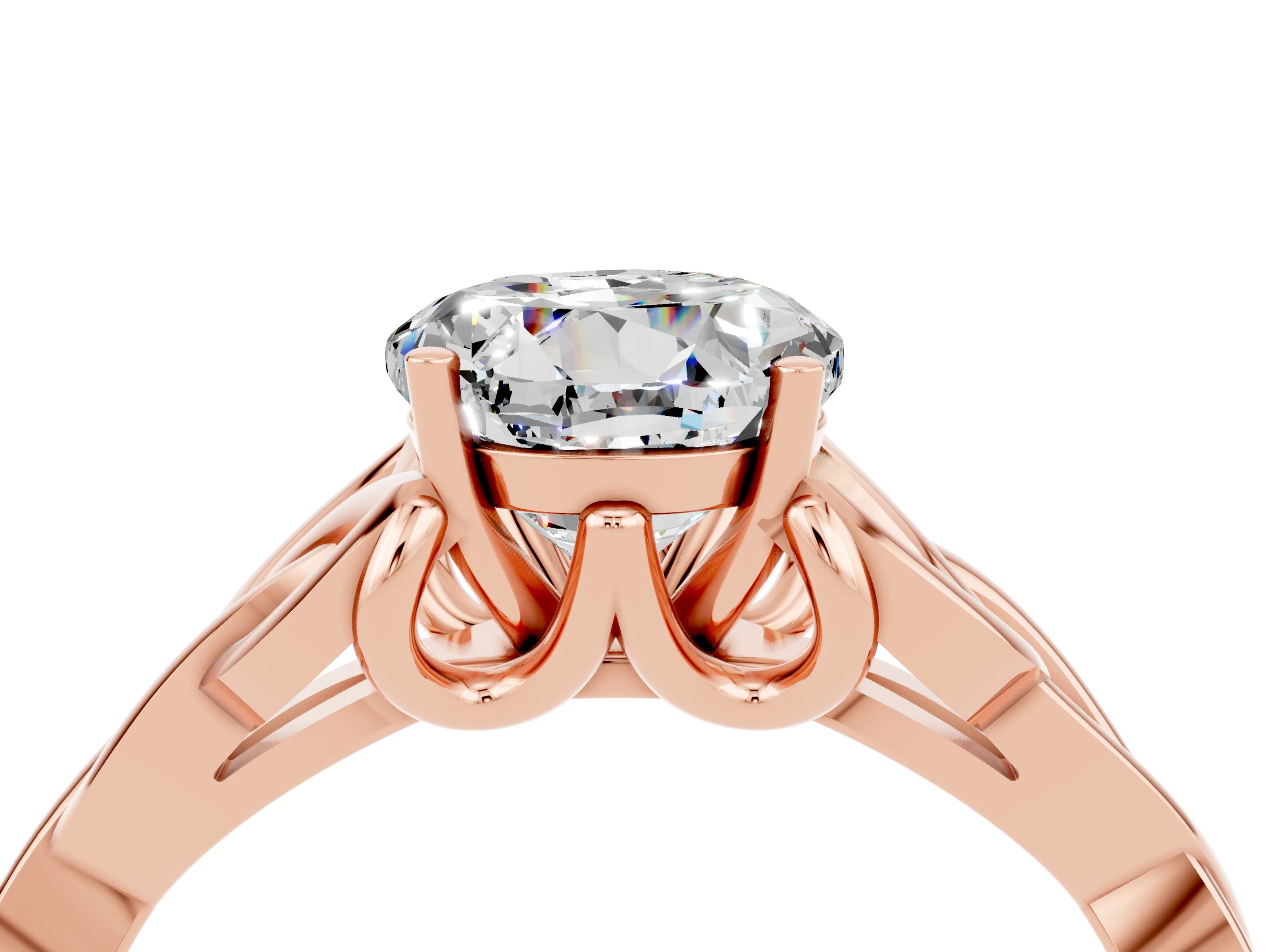 Rose gold Round Cut Moissanite Solitaire Engagement Ring with Celtic Knot Band and Four-Prong Setting_4