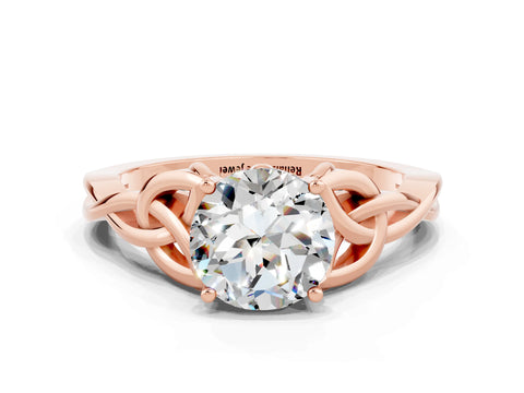 Rose gold Round Cut Moissanite Solitaire Engagement Ring with Celtic Knot Band and Four-Prong Setting
