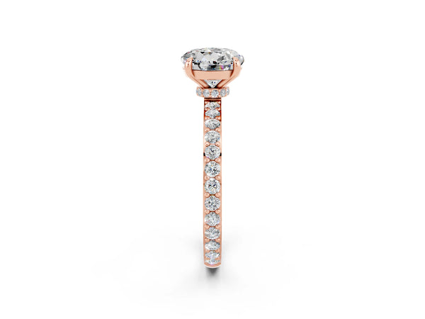 Rose gold Round Cut Moissanite Solitaire Engagement Ring with Pavé Band and Four-Prong Setting