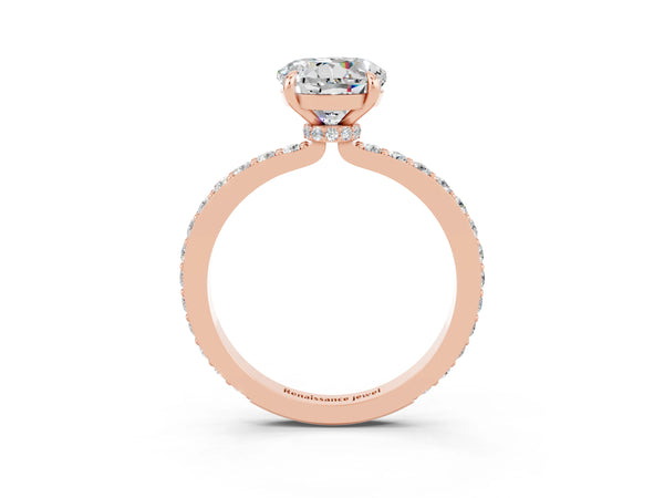 Rose gold Round Cut Moissanite Solitaire Engagement Ring with Pavé Band and Four-Prong Setting