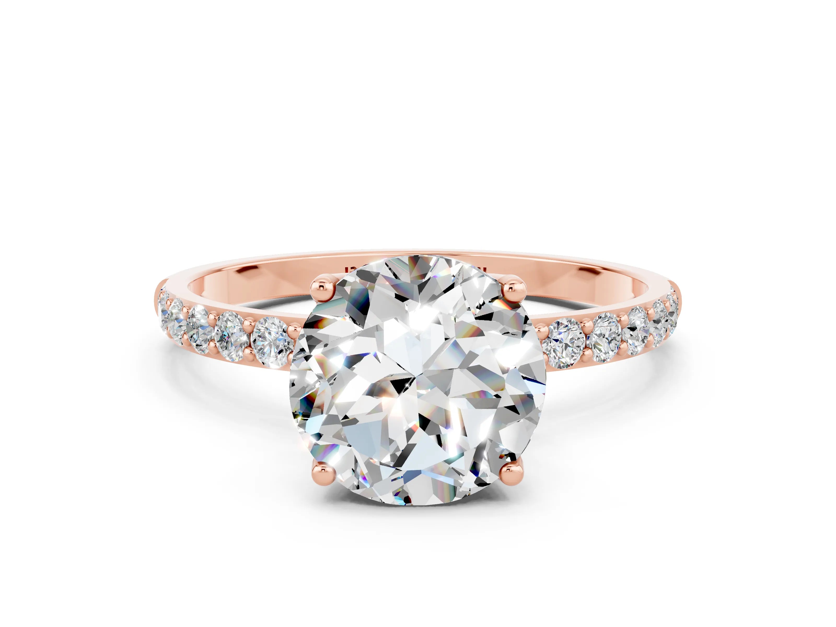 Rose gold Round Cut Moissanite Solitaire Engagement Ring with Pavé Band and Prong Setting