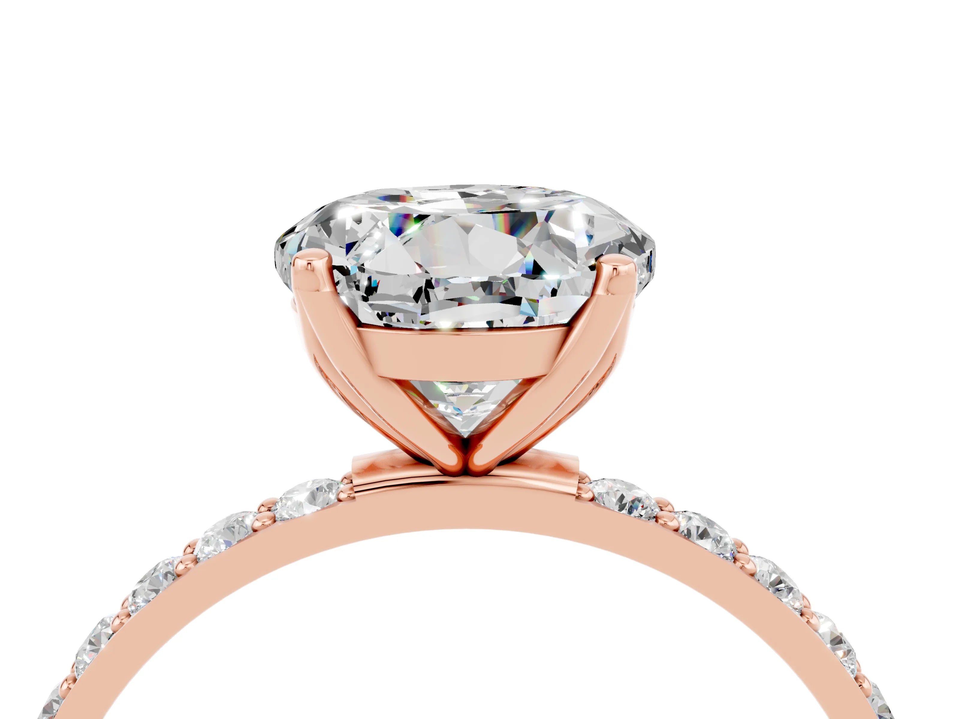 Rose gold Round Cut Moissanite Solitaire Engagement Ring with Pavé Band and Prong Setting_4