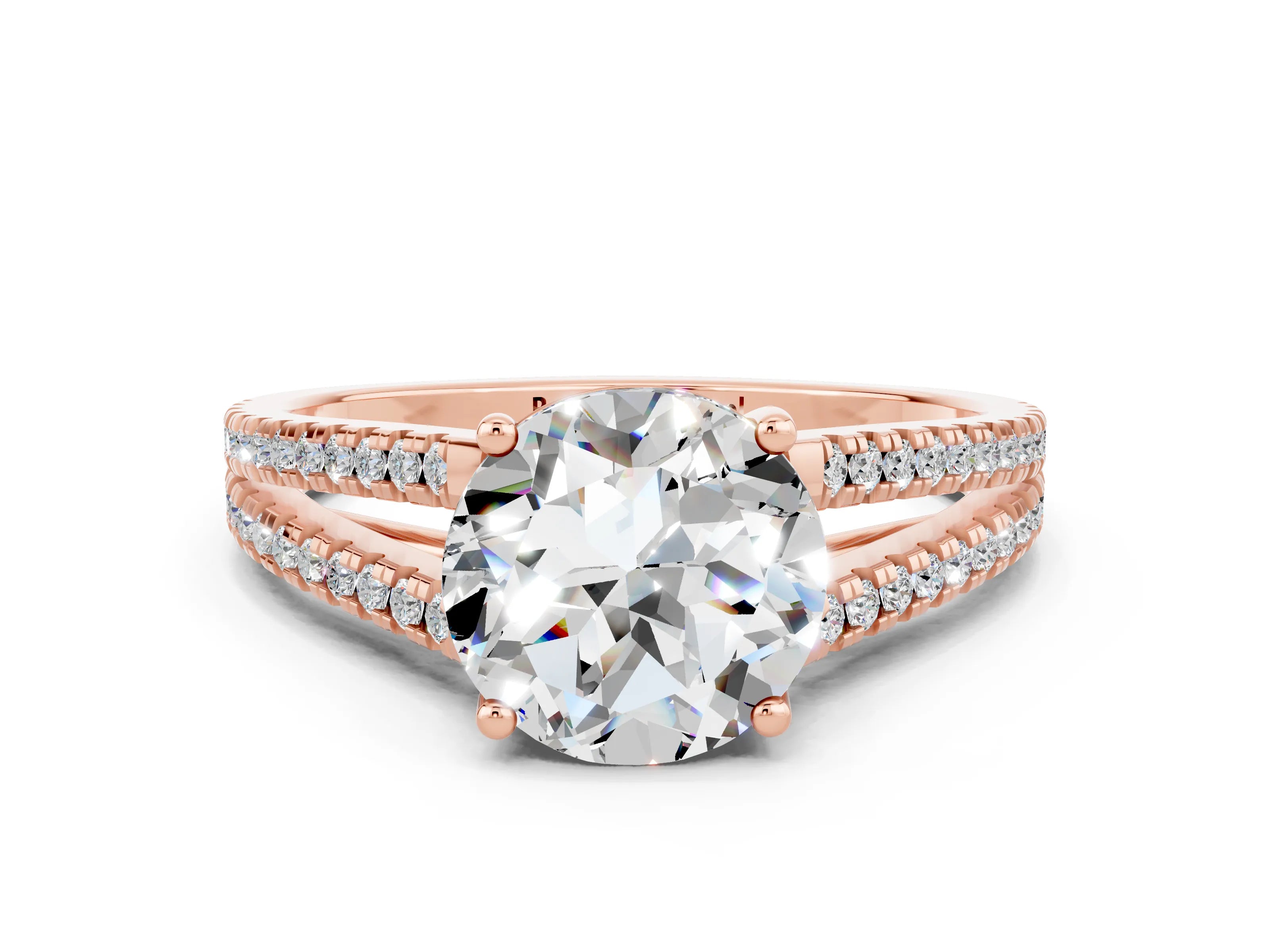 Rose gold Round Cut Moissanite Solitaire Engagement Ring with Split Shank Pavé Band