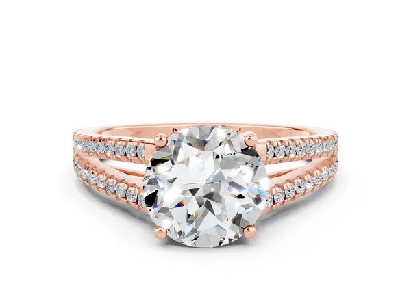 Rose gold Round Cut Moissanite Solitaire Engagement Ring with Split Shank Pavé Band