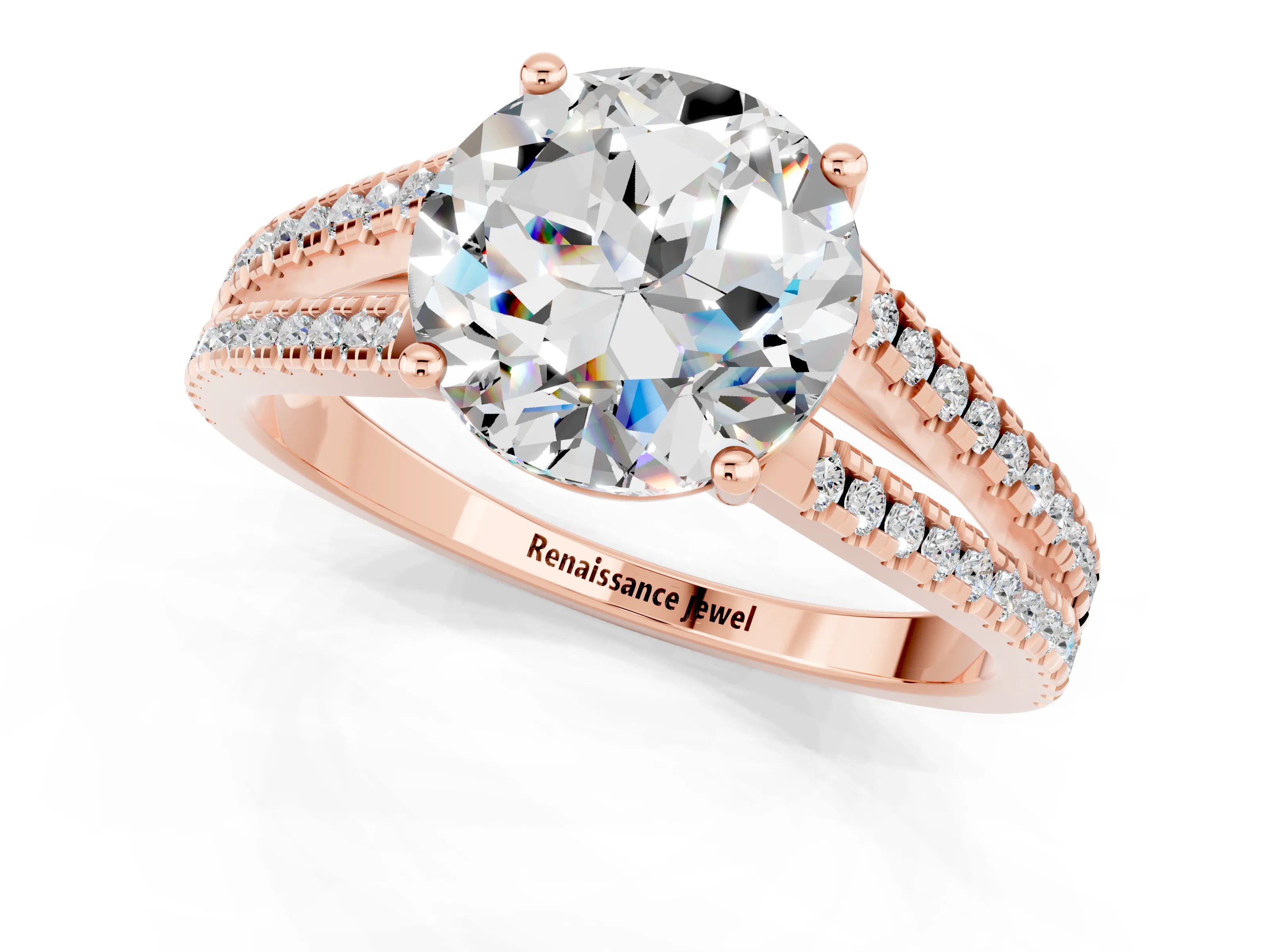 Rose gold Round Cut Moissanite Solitaire Engagement Ring with Split Shank Pavé Band_1