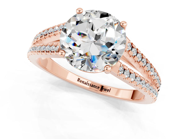 Rose gold Round Cut Moissanite Solitaire Engagement Ring with Split Shank Pavé Band