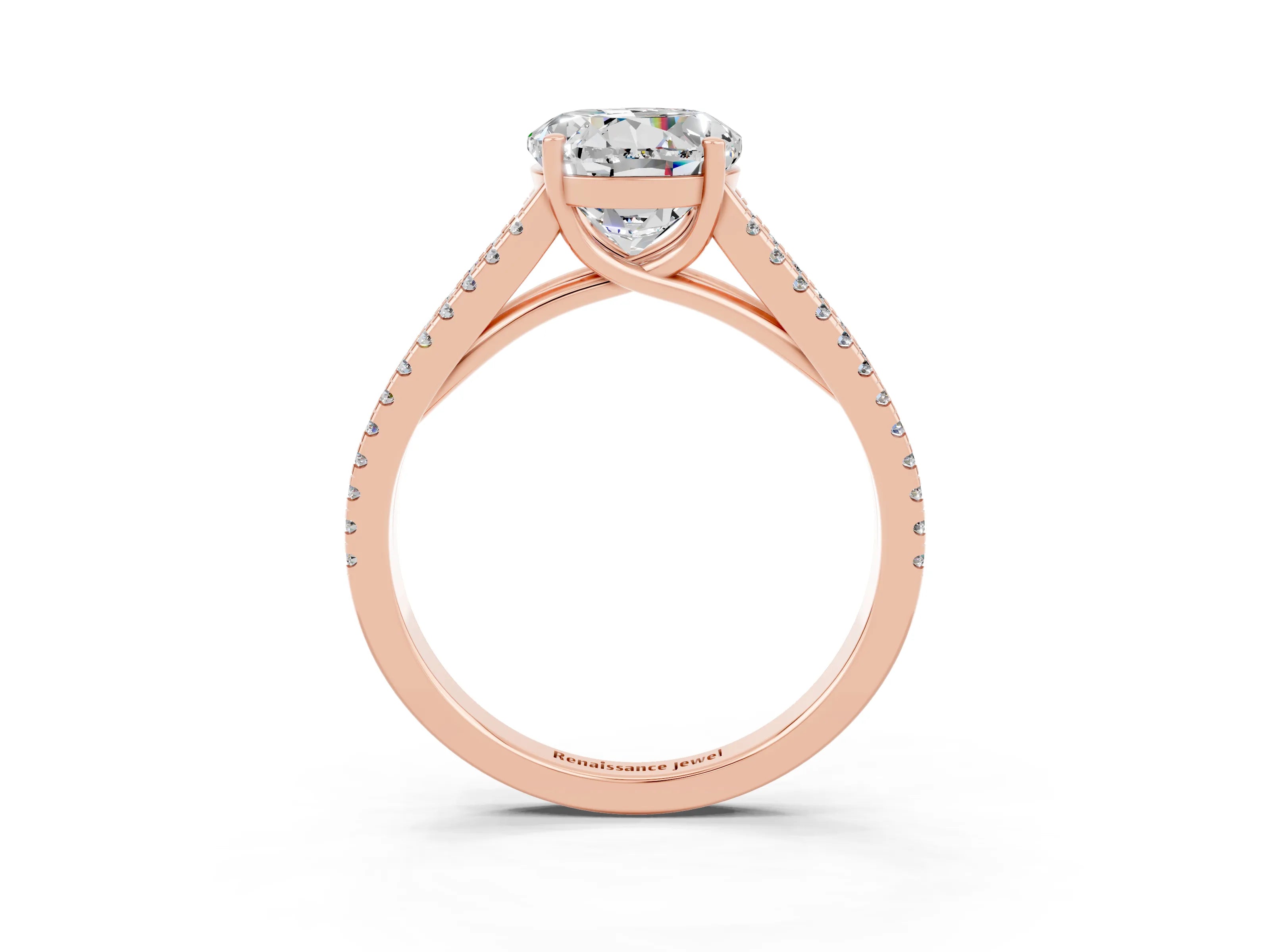 Rose gold Round Cut Moissanite Solitaire Engagement Ring with Split Shank Pavé Band_3