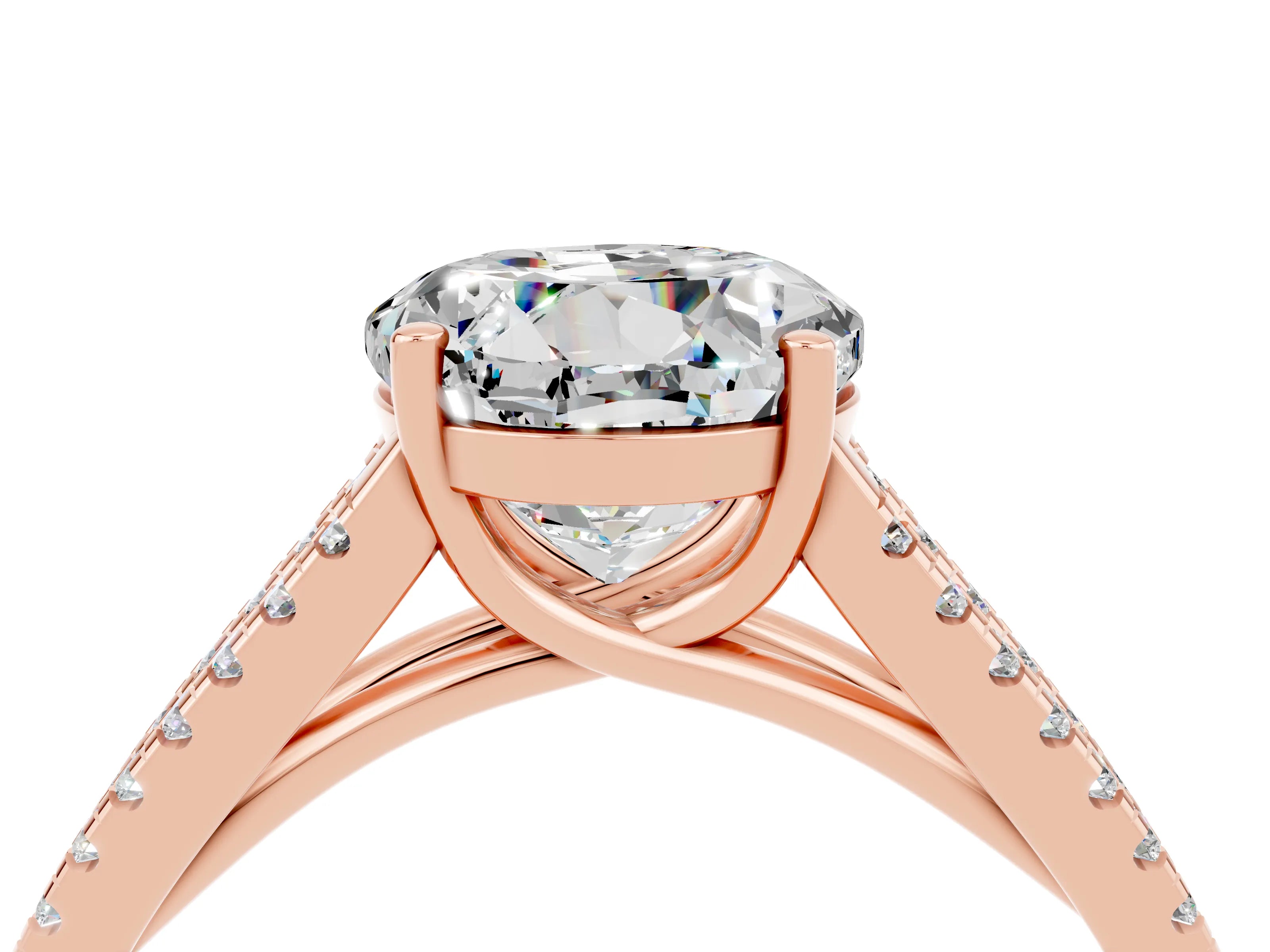 Rose gold Round Cut Moissanite Solitaire Engagement Ring with Split Shank Pavé Band_4