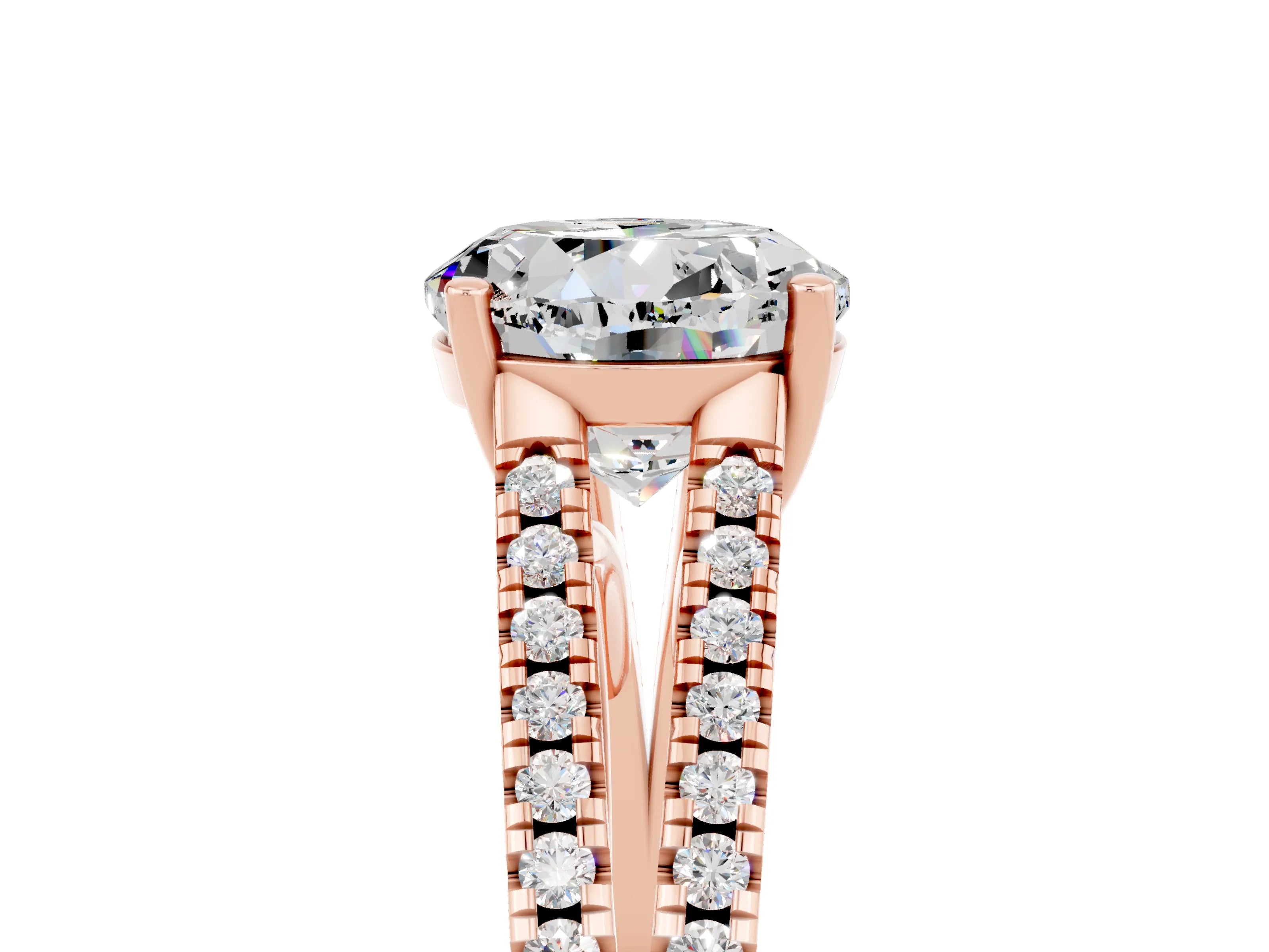 Rose gold Round Cut Moissanite Solitaire Engagement Ring with Split Shank Pavé Band_5