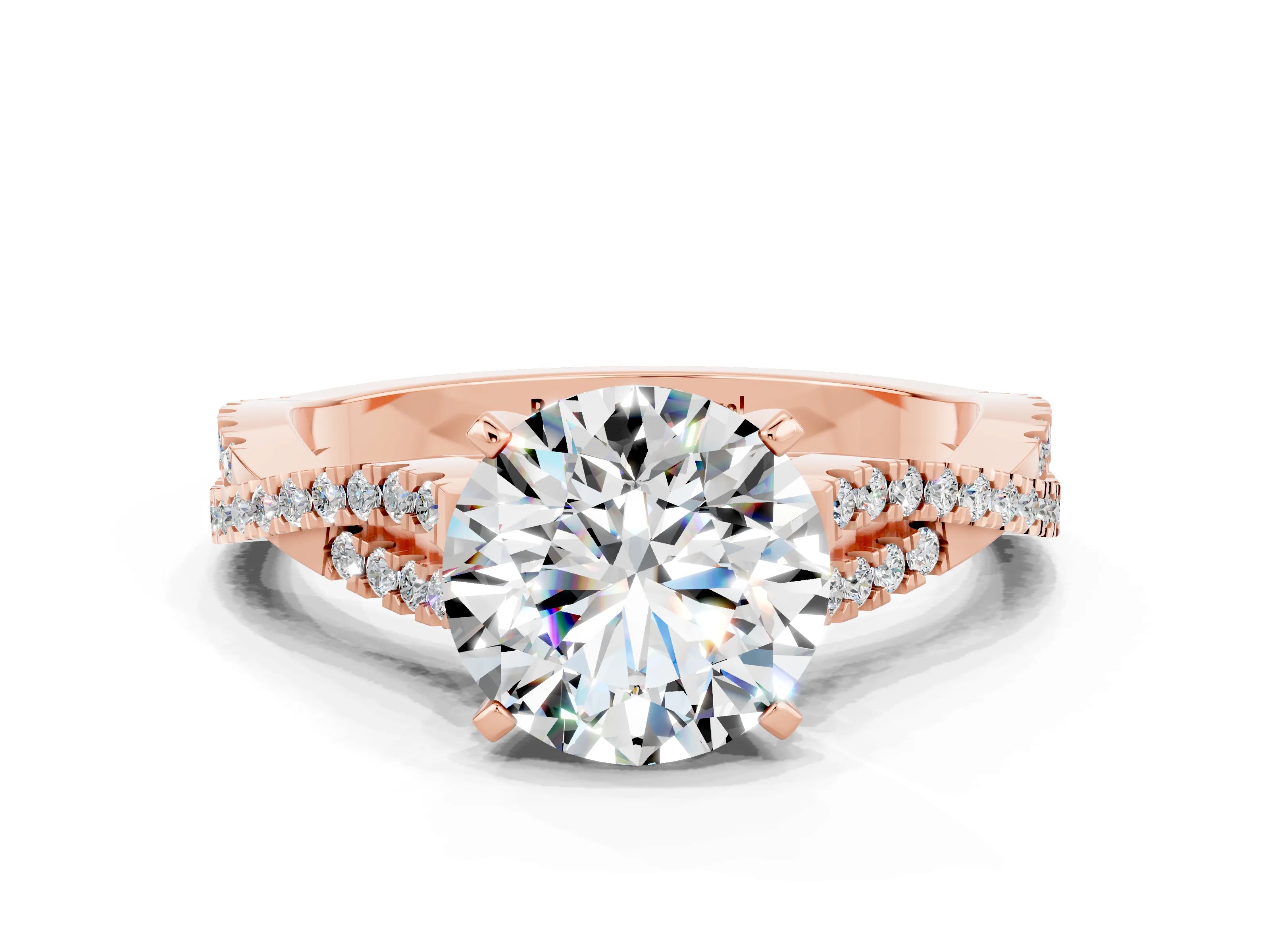 Rose gold Round Cut Moissanite Solitaire Engagement Ring with Twisted Pavé Band and Four-Prong Setting_12