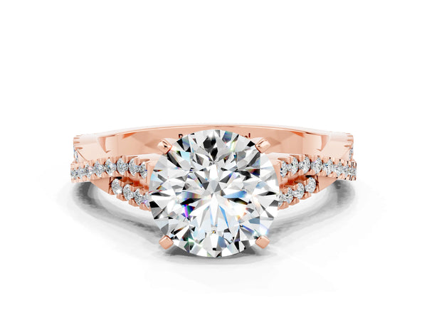 Rose gold Round Cut Moissanite Solitaire Engagement Ring with Twisted Pavé Band and Four-Prong Setting