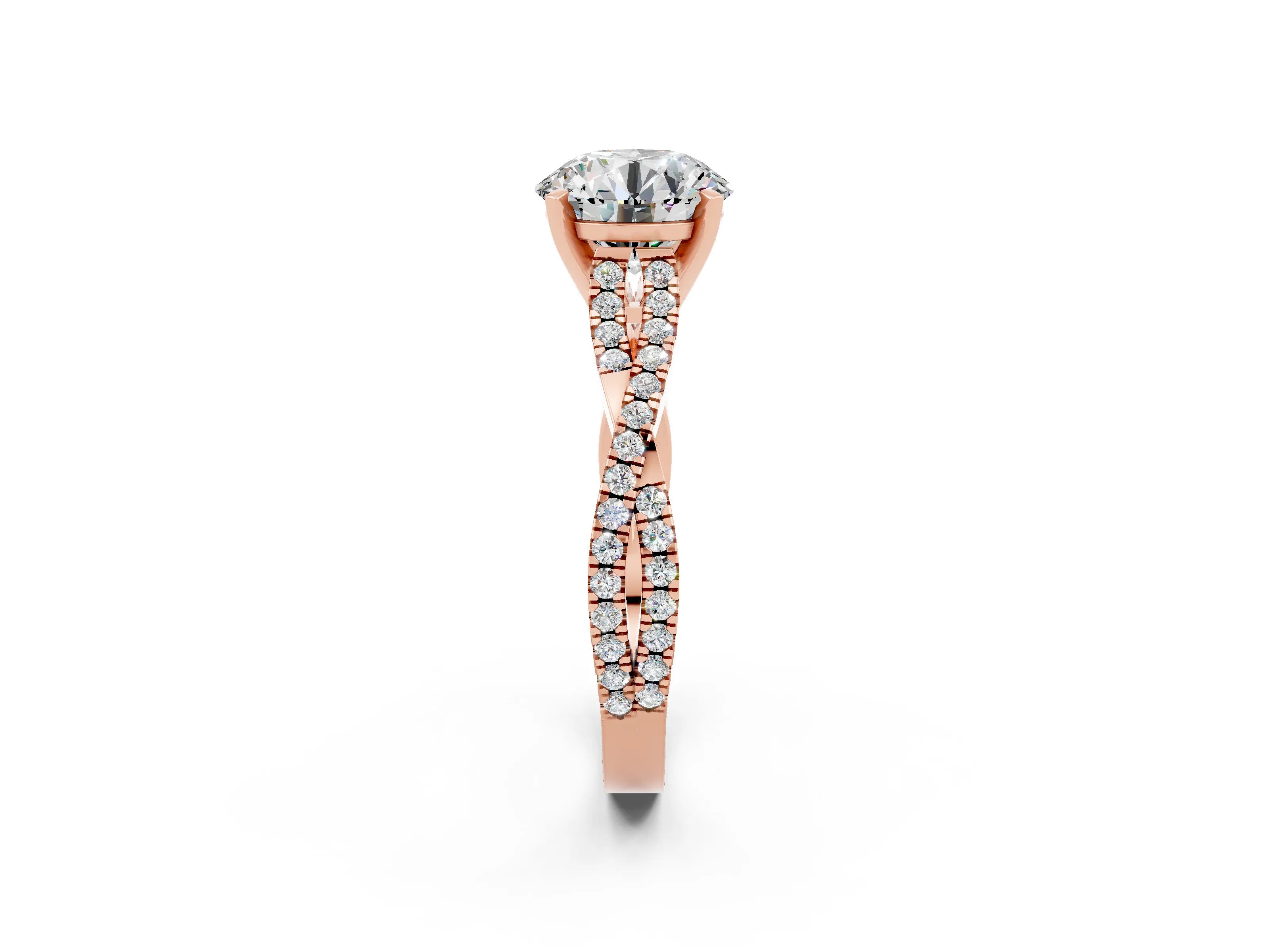 Rose gold Round Cut Moissanite Solitaire Engagement Ring with Twisted Pavé Band and Four-Prong Setting_14