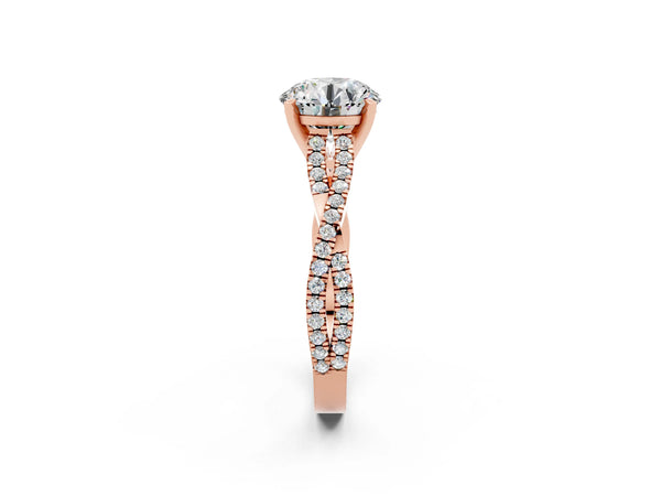 Rose gold Round Cut Moissanite Solitaire Engagement Ring with Twisted Pavé Band and Four-Prong Setting
