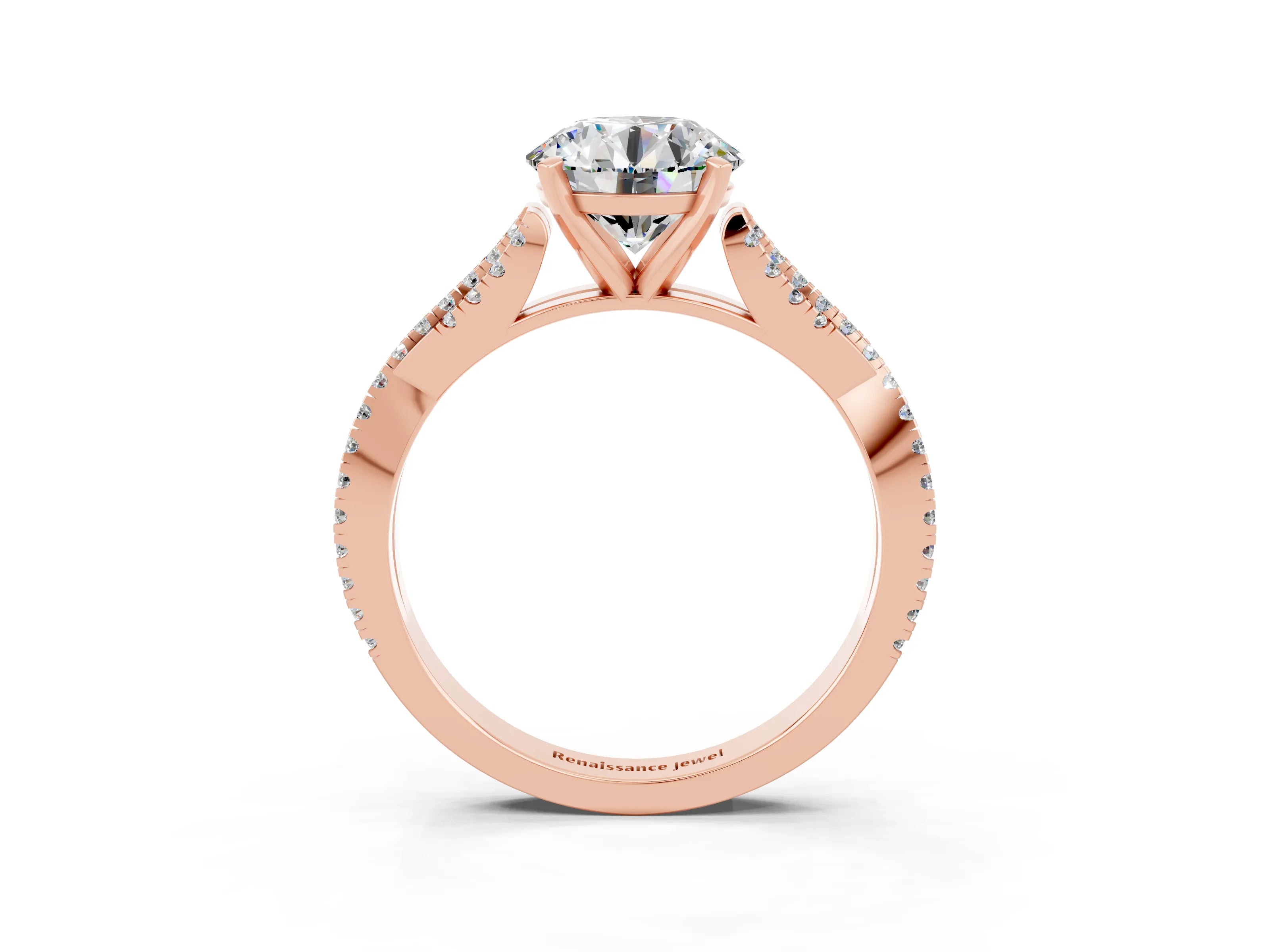 Rose gold Round Cut Moissanite Solitaire Engagement Ring with Twisted Pavé Band and Four-Prong Setting_15