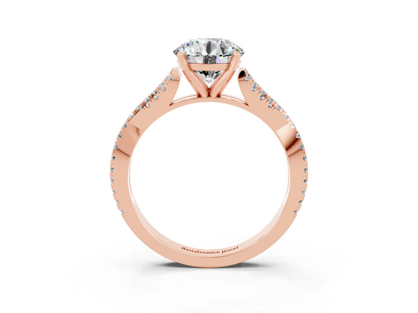Rose gold Round Cut Moissanite Solitaire Engagement Ring with Twisted Pavé Band and Four-Prong Setting