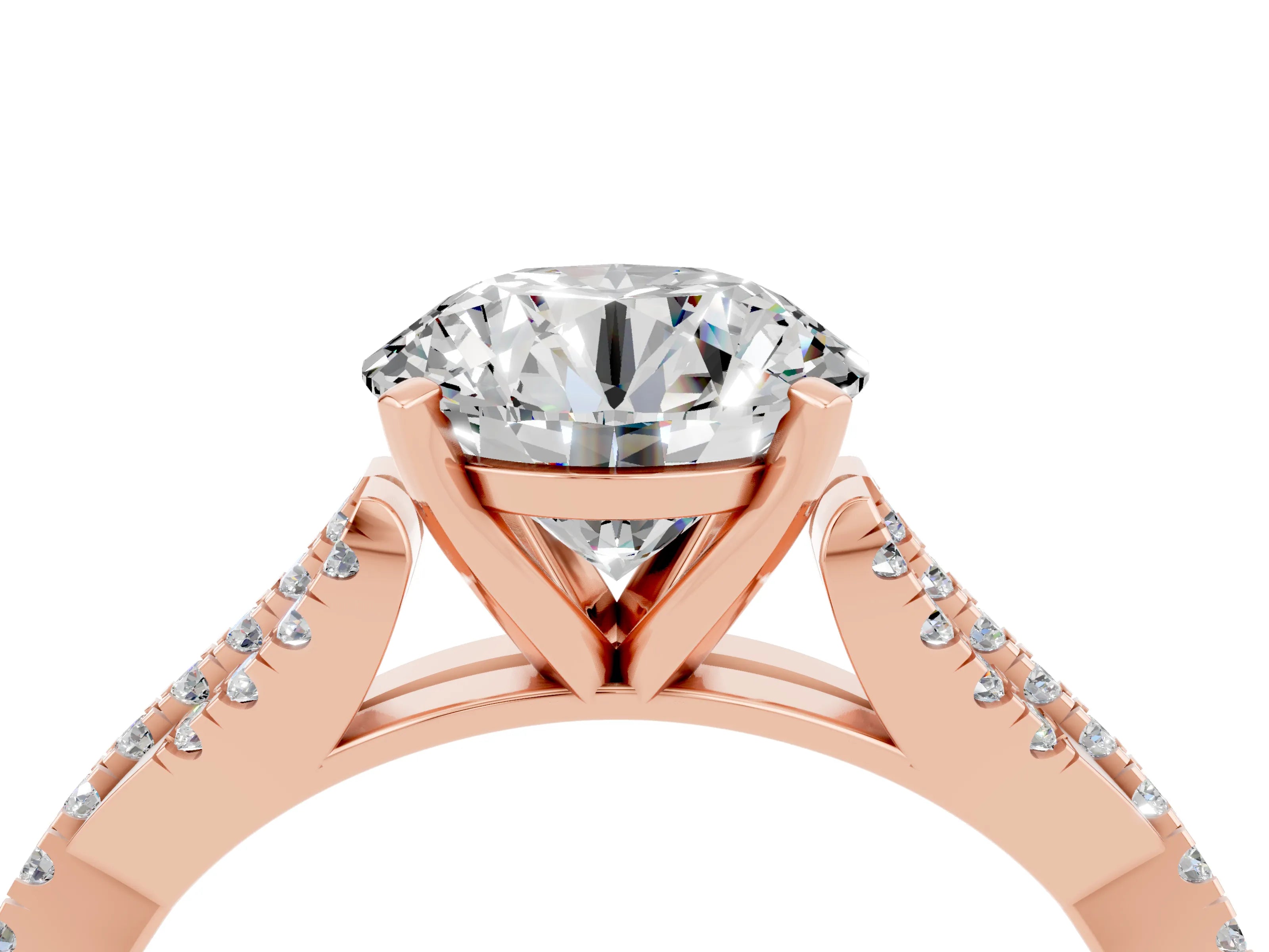 Rose gold Round Cut Moissanite Solitaire Engagement Ring with Twisted Pavé Band and Four-Prong Setting_16
