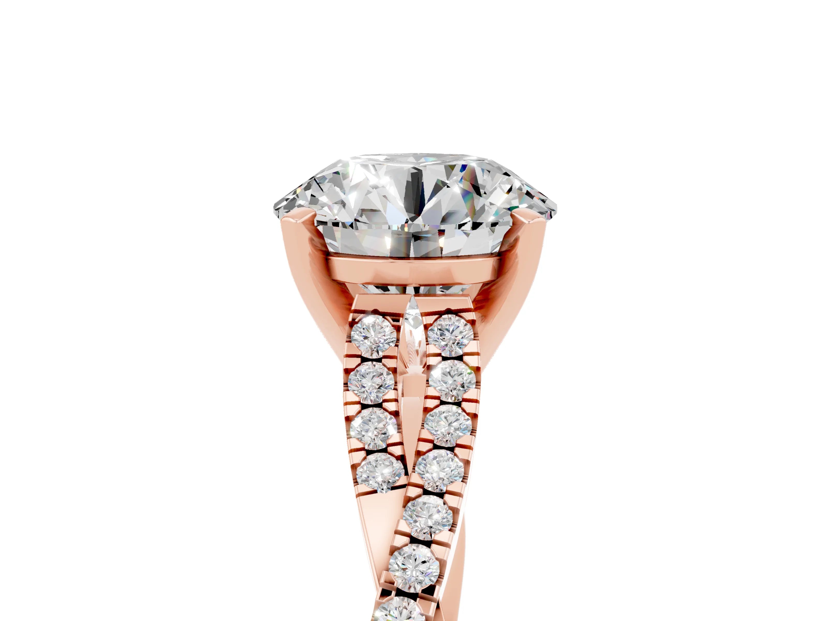 Rose gold Round Cut Moissanite Solitaire Engagement Ring with Twisted Pavé Band and Four-Prong Setting_17