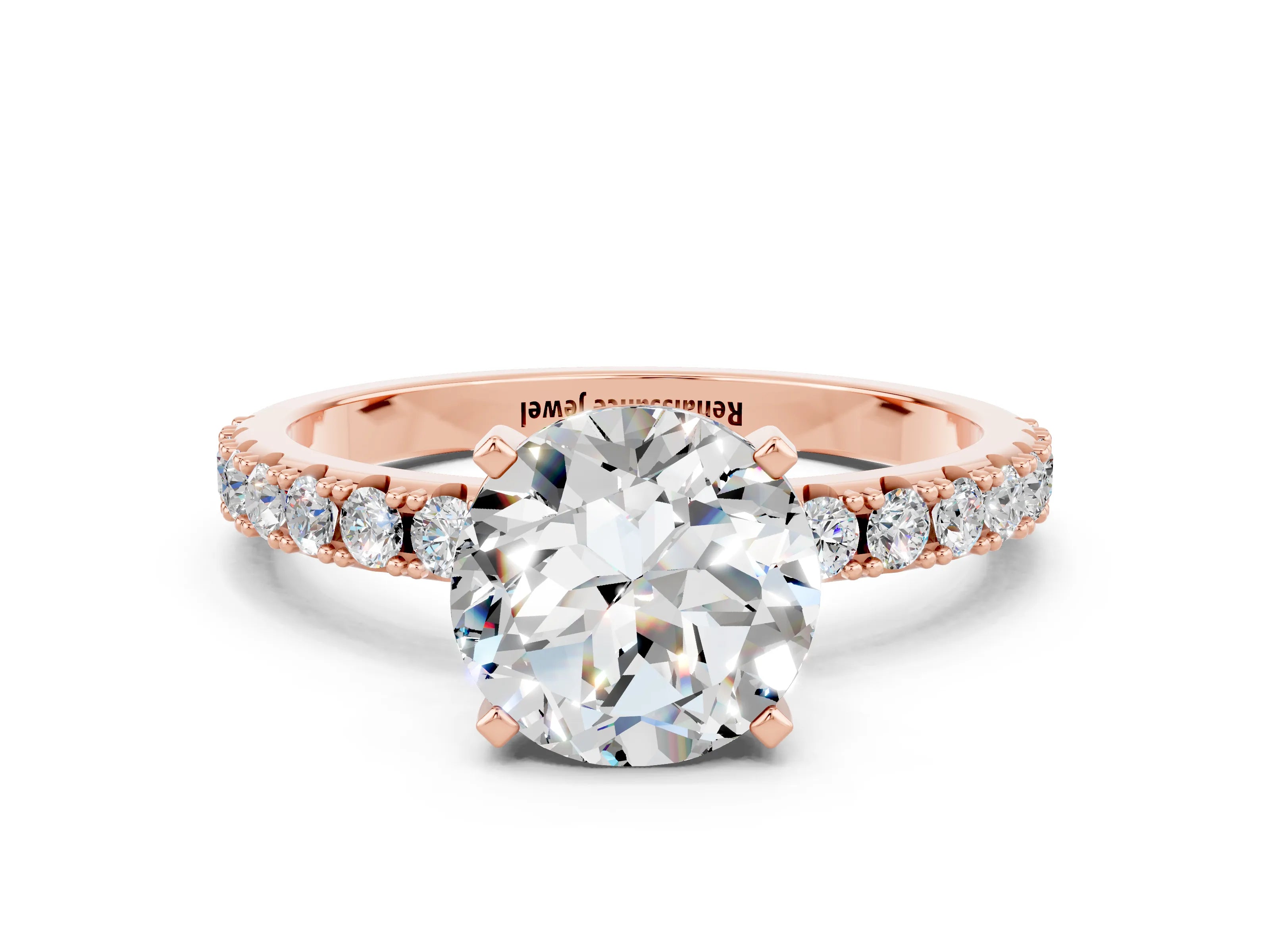 Rose gold Round Cut Moissanite Solitaire Pavé Band with Four-Prong Setting